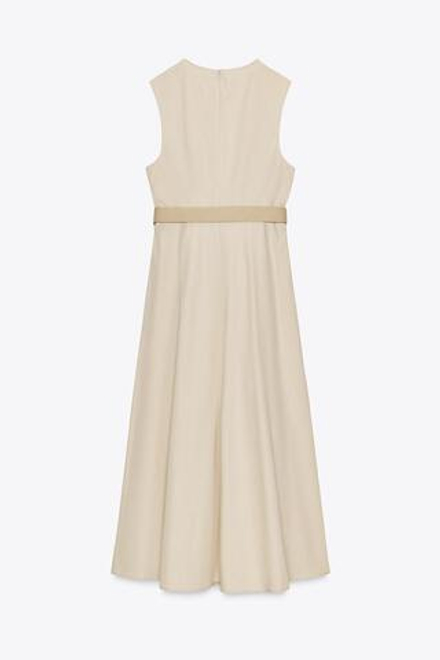 ZARA ПОПЛИНОВОЕ ПЛАТЬЕ-МИДИ С ПОЯСОМ, ПЕСОЧНЫЙ