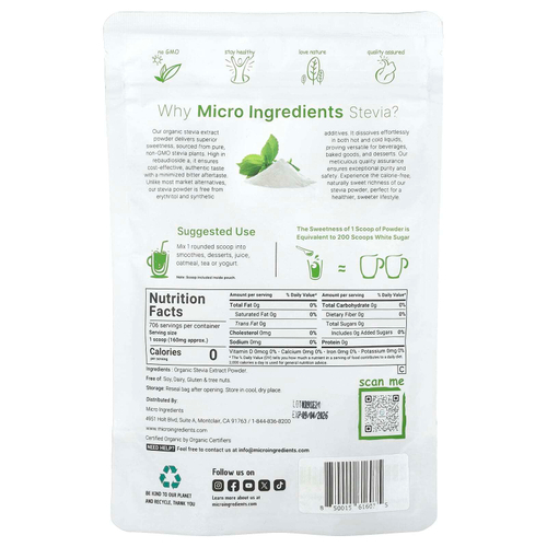 Micro Ingredients, Органический экстракт стевии, 113 г (4 унции)
