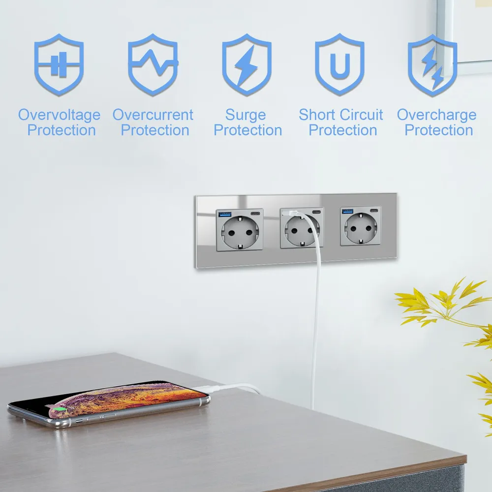 Розетка электрическая с USB/TYPE-C 2.1A ,с заземлением,3 пост,Стекло Рамка серый