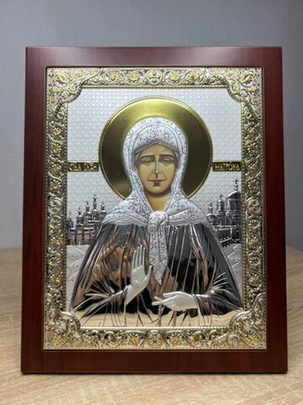 Матрона, икона прямоугольная с рамкой, красное дерево 185х235