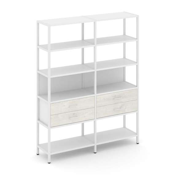 Shelf System Двухсекционный стеллаж пятиярусный с ящиками SN.STM-522 Белый/Дуб Наварра/Металл Белый