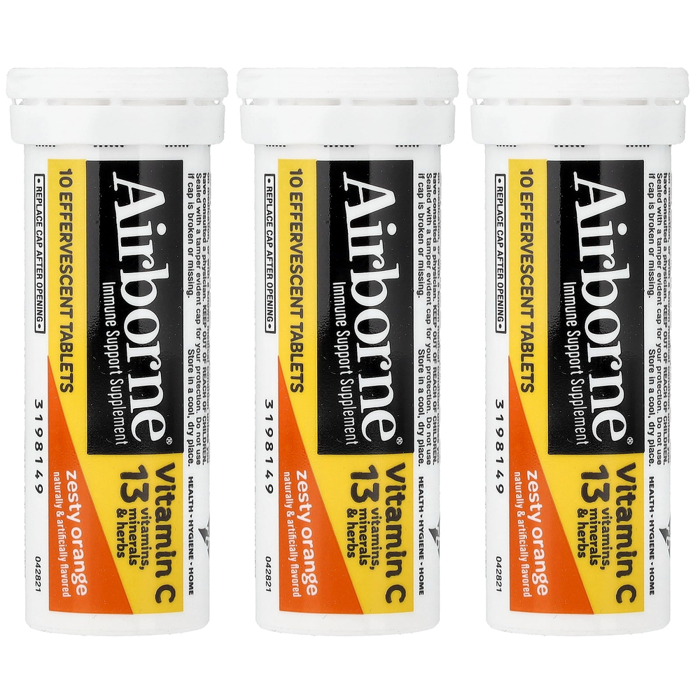 AirBorne, добавка для поддержки иммунной системы, со вкусом апельсина, 3 пробирки, по 10 шипучих таблеток