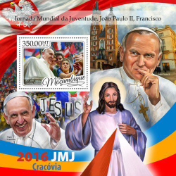 Мозамбик, 2016. (moz16429) День молодежи, папа Иоанн Павел II и Франциск  (мл+блок)