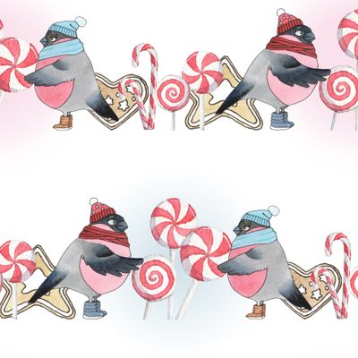 Влюбленные снегири с леденцами и печеньем.