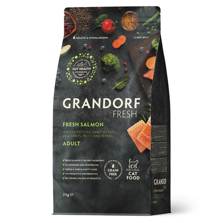 Беззерновой корм с живыми пробиотиками GRANDORF Fresh Cat ADULT Salmon&Sweet Potato Свежее филе лосося с бататом для кошек 2 кг