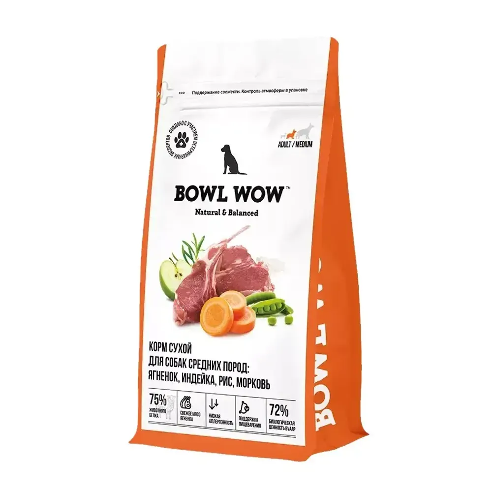 Уценка! Повр.упак. / Сухой корм BOWL WOW для взрослых собак средних пород с ягненком, индейкой, рисом и добавлением моркови