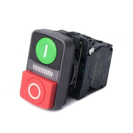 Кнопка двойная SB5 в сборе модуль 22мм зел."I"+сигнал. лампа+красн. выступ."О" пластик 230В AC 1НО+1НЗ SE SB5AW73731M5