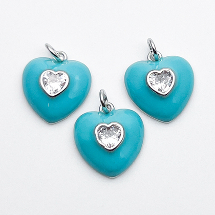 Подвеска Сердце, цвет серебро+мятный, фианит, размер 13*12 мм, цена за 1 шт