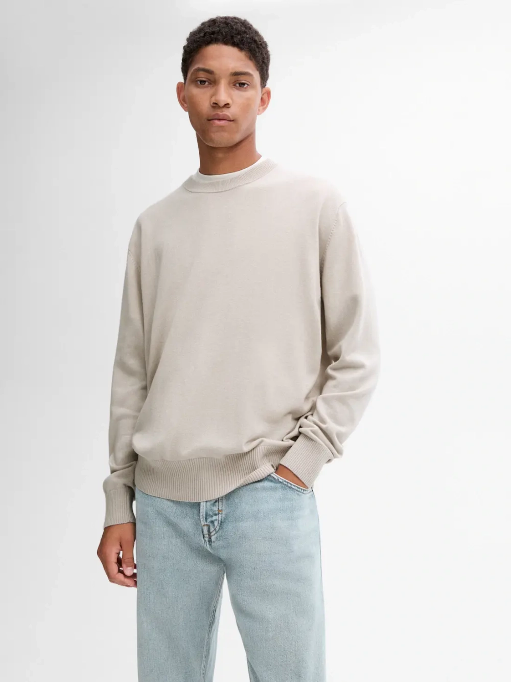 Massimo Dutti Шерстяной свитер с круглым вырезом, бежевый