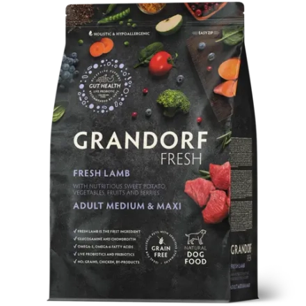 Grandorf Fresh, Fresh Lamb, Adult Medium & Maxi для собак средних и крупных пород (Свежее мясо ягненка с бататом)