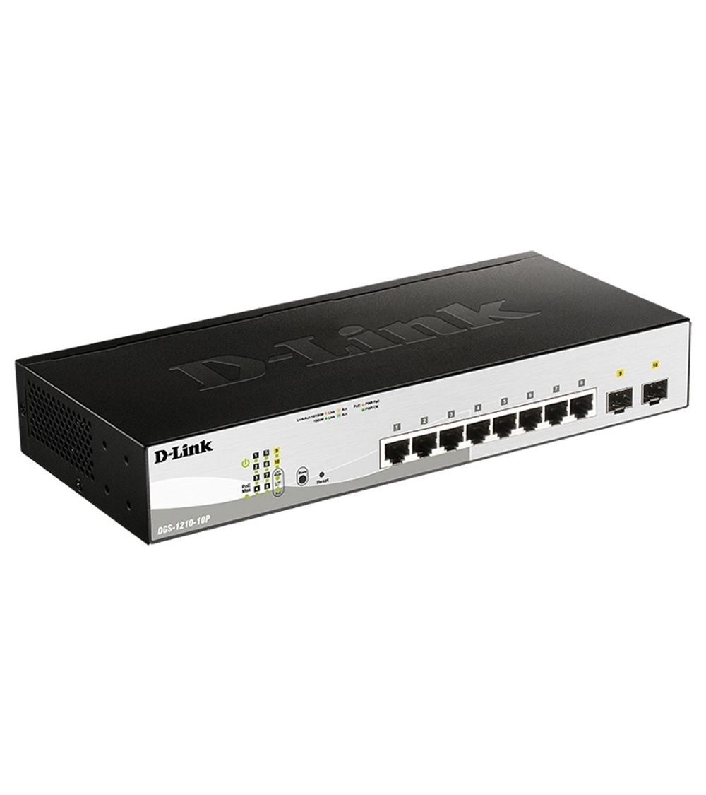 D-Link DGS-1210-10P/FL1A Управляемый L2 коммутатор с 8 портами 10/100/1000Base-T и 2 портами 1000Base-X SFP (8 портов PoE 802.3af/at, PoE бюджет 65 Вт)