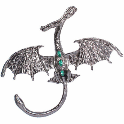 Брошь - оберег «Best Podarok - Серебряный дракон с зелеными стразами», 4.7*4.7см
