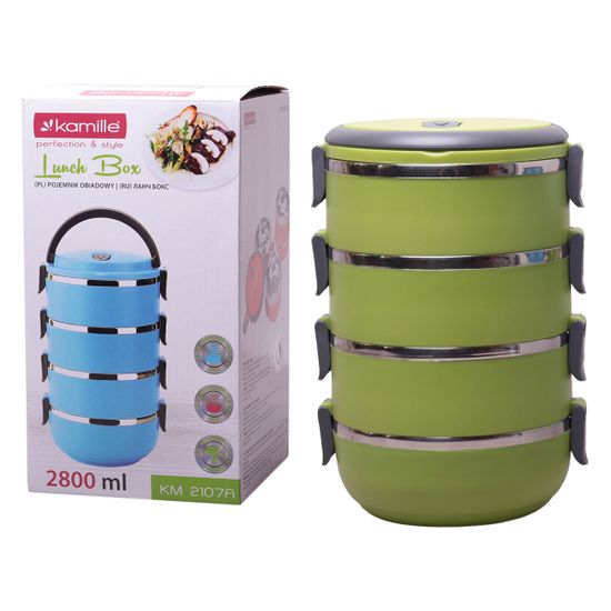 Ланч бокс 4 секции 2800 мл. круглый Kamille КМ-2107А (пластик, нержавеющая сталь)
