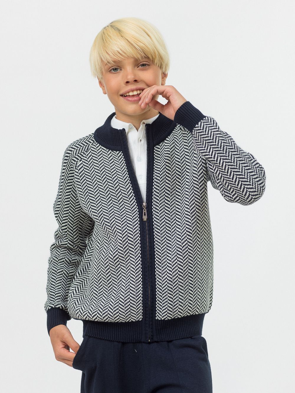 Кардиган для мальчика на молнии AT725 синий-молочный