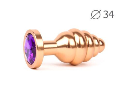 Коническая ребристая золотистая анальная втулка с кристаллом фиолетового цвета - 8 см. (Цвет: фиолетовый)