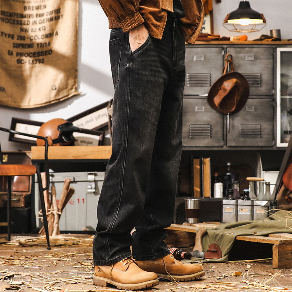 Мужские джинсы чёрного в американском классическом ретро-стиле, осенние свободные прямые брюки больших размеров, новые модные повседневные брюки для мужчин 2025 года