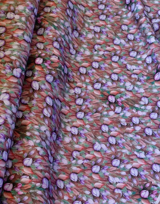 Штапель принт silk цветы мелкие сиреневый/зелены на коричневом