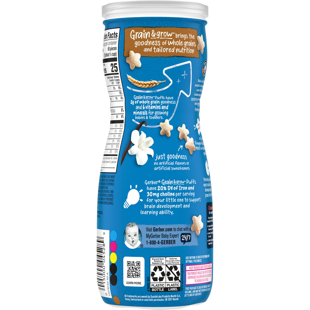 Gerber, Snacks for Baby, Grain & Grow, Puffs, воздушные закуски, для детей от 8 месяцев, ваниль, 42 г (1,48 унции)