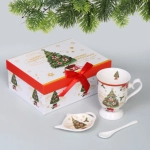 Кружка керамическая 300мл «Ёлочка» с ложкой и подставкой для пакетиков в подарочной коробке