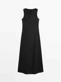 Massimo Dutti Длинное платье из струящейся смесовой льняной ткани, черный