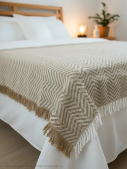 Плед вафельный 200х220, Елочка Широкая, Бежевый/Белый