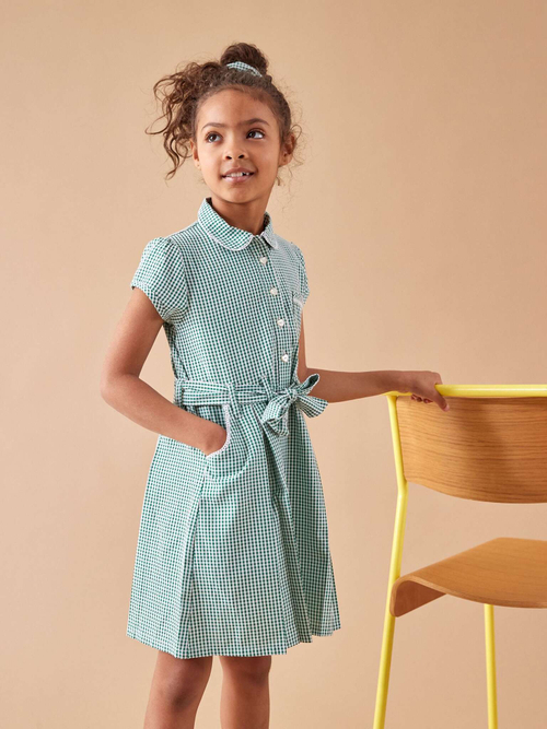 Платье школьное с поясом и резинка для волос в комплекте для девочки Next T40-875, Зеленый, Белый