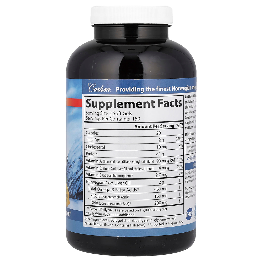 Carlson, Wild Norwegian, Cod Liver Oil Gems, жир печени дикой норвежской трески в капсулах, натуральный лимон, 300 капсул