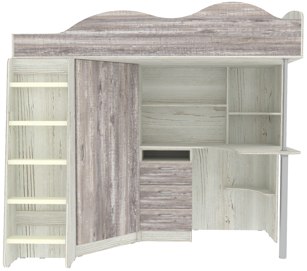 Кровать-чердак КарИВи Пионер с деревянной лестницей Винтерберг Бетон