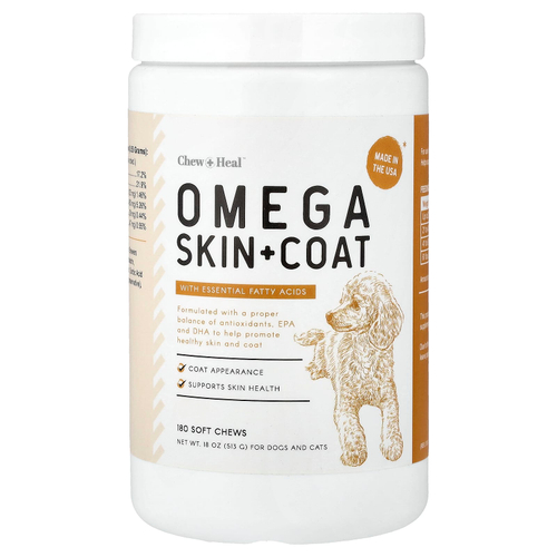 Chew + Heal, Omega Skin + Coat, с незаменимыми жирными кислотами, для собак и кошек, 180 жевательных таблеток, 513 г (18 унций)