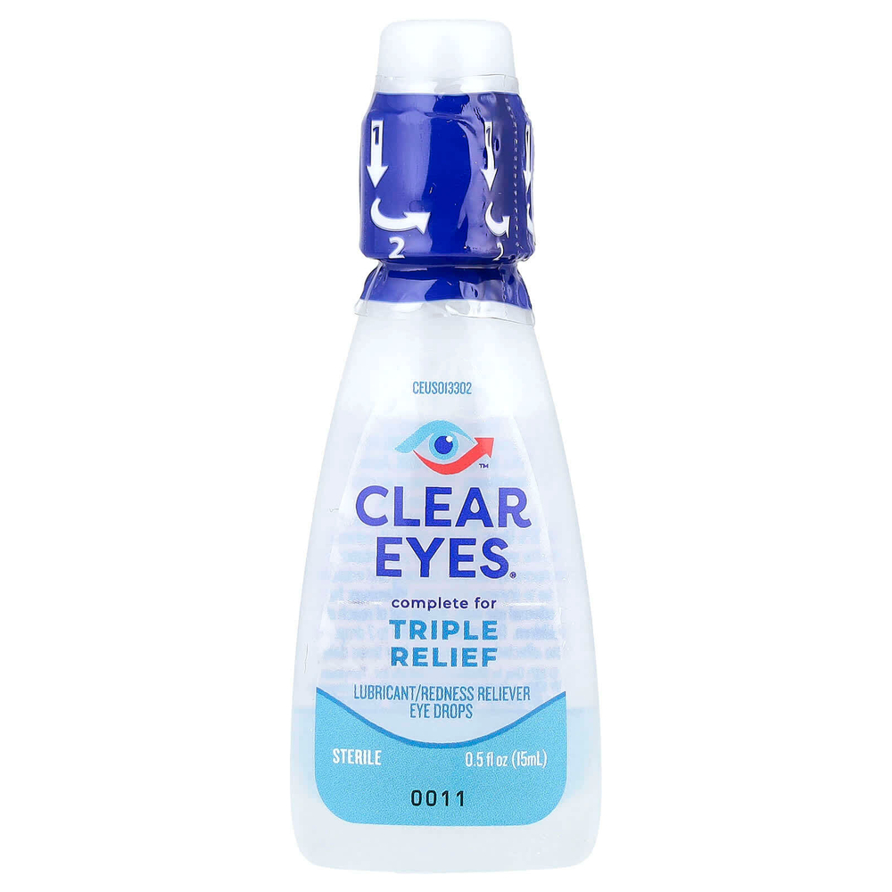 Clear Eyes, Triple Action, увлажняющие / снимающие покраснение капли для глаз, 15 мл (0,5 жидк. унц.)