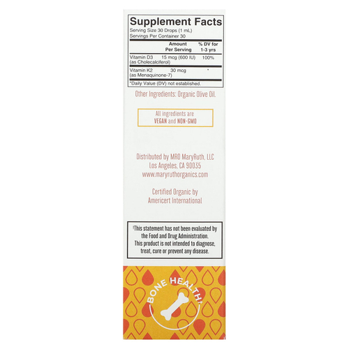 MaryRuth's, Органические жидкие капли с витаминами D3 и K2 для малышей, для детей от 1 до 3 лет, без добавок, 30 мл (1 жидк. унц.)