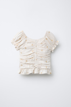 ZARA ТОП ИЗ СМЕСОВОГО ЛЬНА СО СБОРКАМИ И ЦВЕТОЧНОЙ ВЫШИВКОЙ, ПЕСОЧНЫЙ