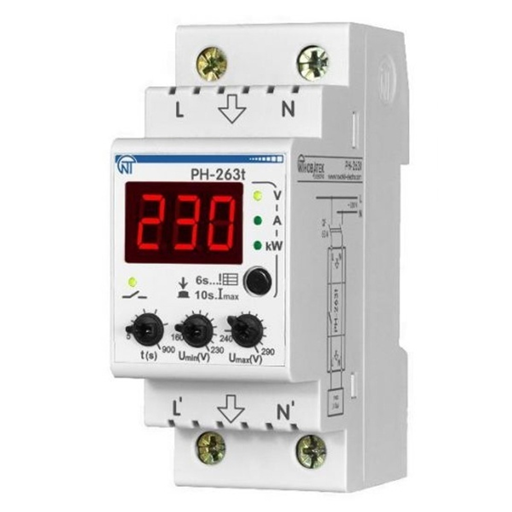 Однофазное реле контроля напряжения и тока РН-263Т 63А, на DIN-рейку Новатек-Электро 3425600263т