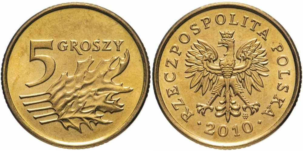 Польша 5 грошей, 1990-2014 Дубовые листья XF