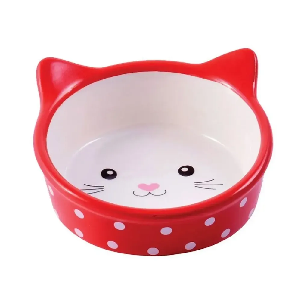 КерамикАрт миска керамическая для кошек, 250мл Мордочка кошки красная в горошек
