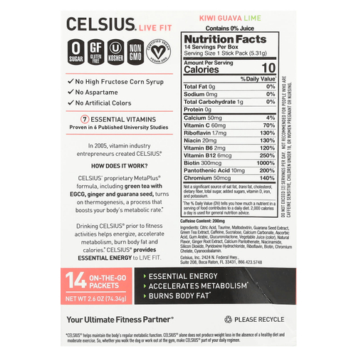 Celsius, Live Fit, киви и гуава, лайм, 14 пакетиков, по 5,31 г (0,19 унции)