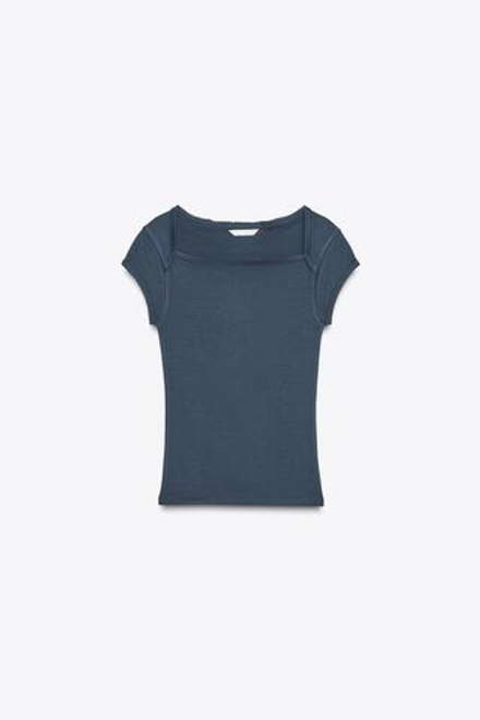 ZARA ФУТБОЛКА ИЗ ХЛОПКА И МОДАЛА, МОРСКОЙ СИНИЙ