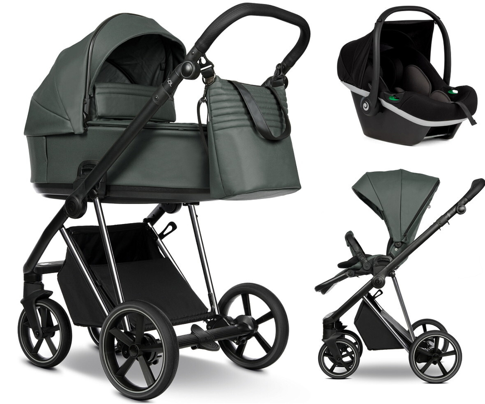 Детская коляска Roan Sol Vintage Luxury Leather 2.0 3 в 1 с автокреслом Tutis Elo Black VEGA79DB Atlantic Deep/Nickel/руч.Black
