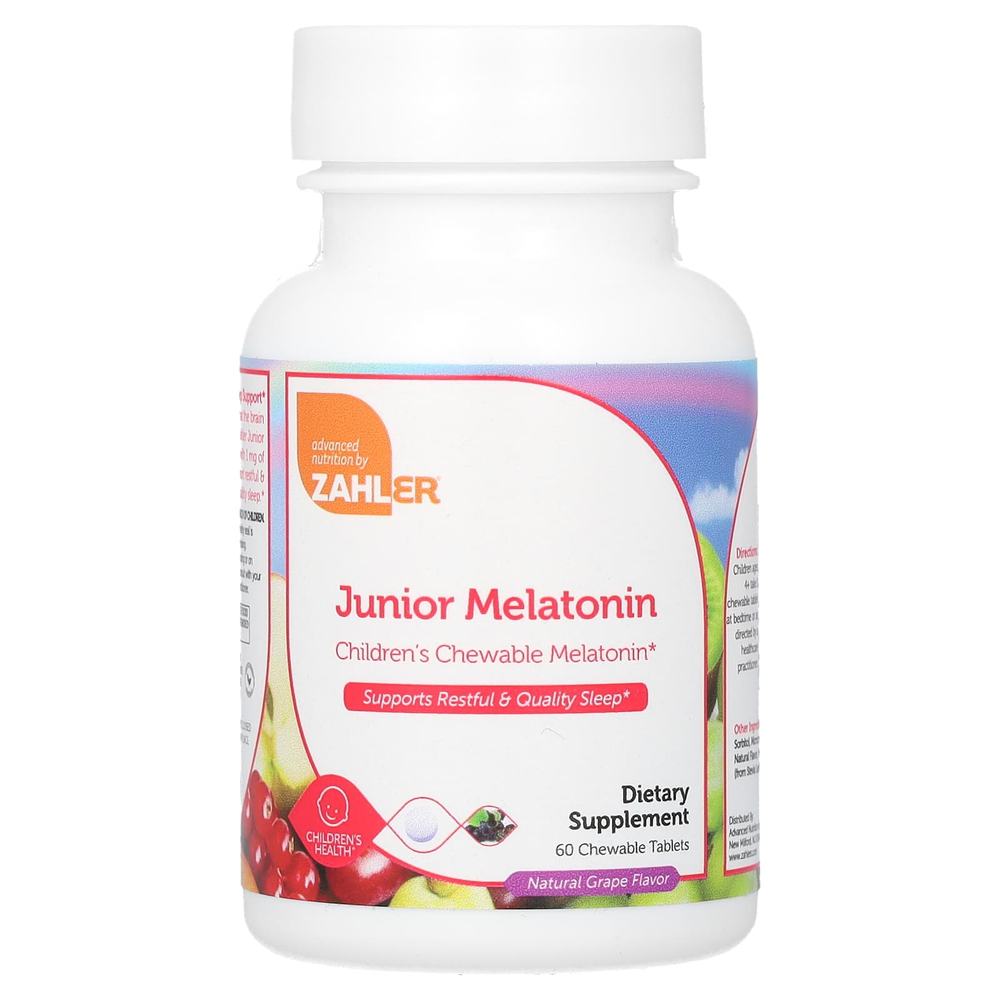 Zahler, Junior Melatonin, натуральный виноград, 60 жевательных таблеток (1 мг в каждой таблетке)