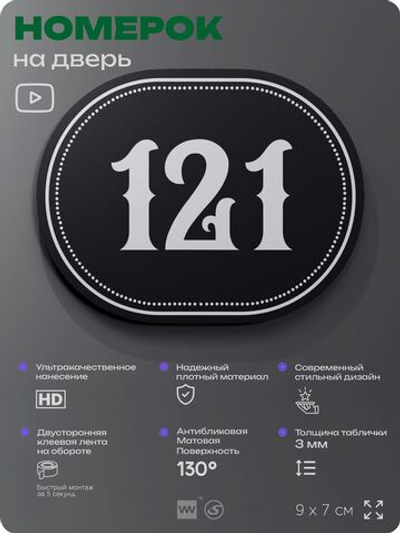 Номерок на дверь квартиры 121, для кабинета, офиса, шильдик 9 х 7 см, черный, Айдентика Технолоджи