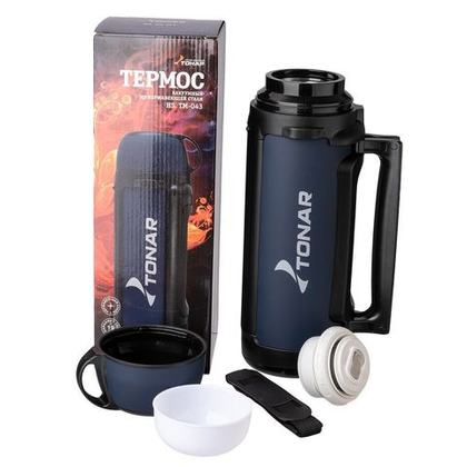 Термос Тонар 1900ML (крышка-кружка с ручкой, дополнительная пластиковая чашка, складная ручка, ремень)