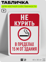 Табличка для частной территории "Не курить в пределах 15 м от здания", на дом, для участка, для подъезда, организаций и частных территорий, 40х30 см, Silver Plane x Айдентика Технолоджи