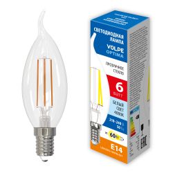 LED-CW35-6W-4000K-E14-CL-SLF Лампа светодиодная. Форма свеча на ветру. прозрачная. Белый свет 4000К. ТМ Volpe