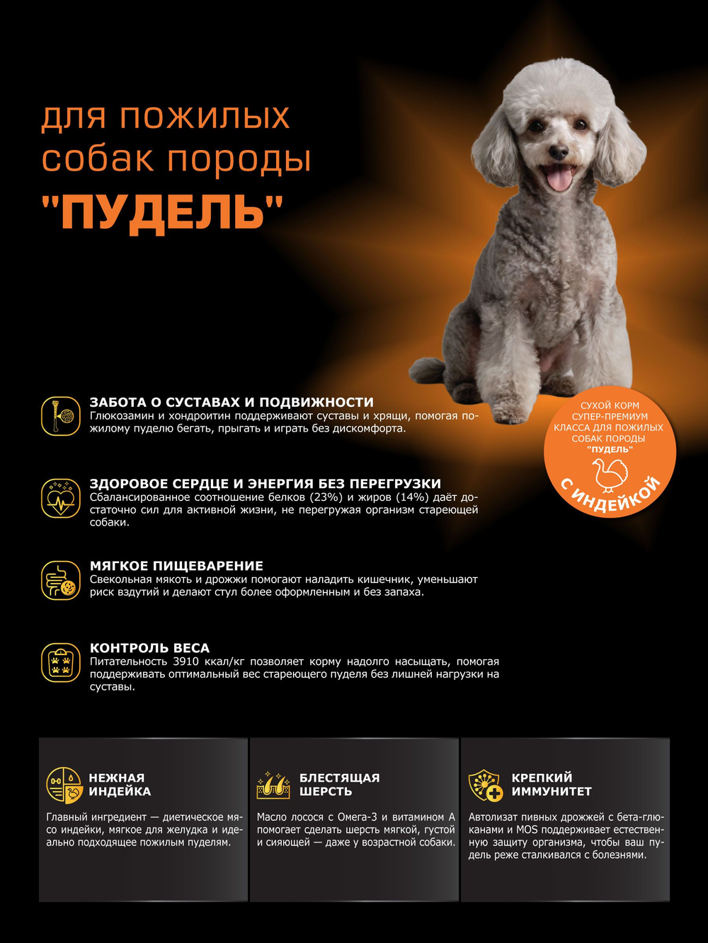 Корм сухой для пожилых собак породы Пудель старше 5 лет, с индейкой, 12 кг, QUATTRO