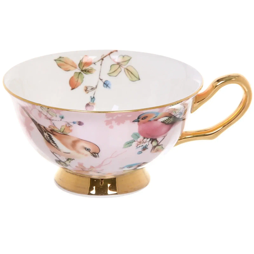 Чайная пара «Royal classic» (кружка 200мл+блюдце) Пейзаж розовый птицы, в подарочной коробке