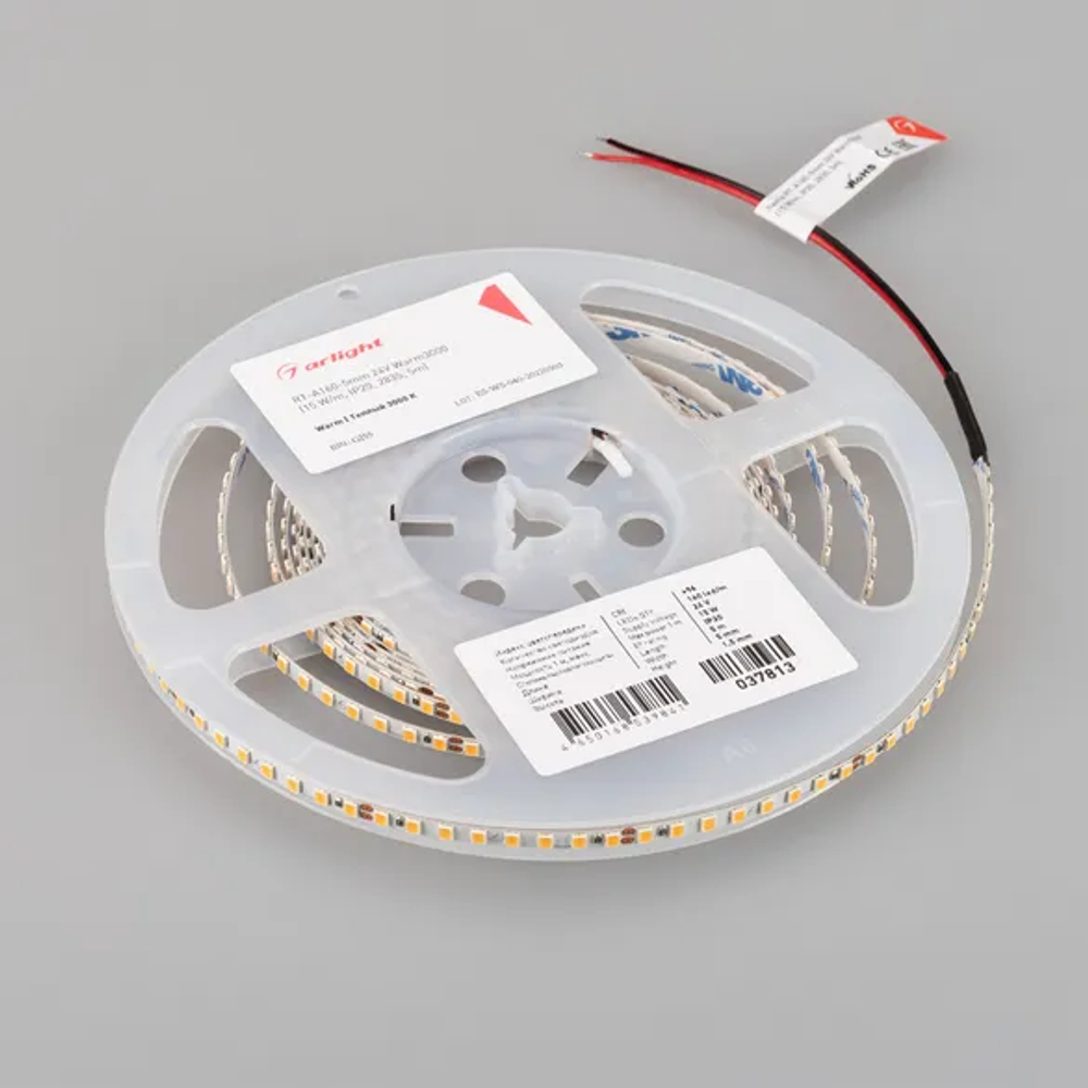 Светодиодная лента RT-A160-5mm 24V Warm3000 (15 W/m, IP20, 2835, 5m) (Arlight, Открытый) 037813