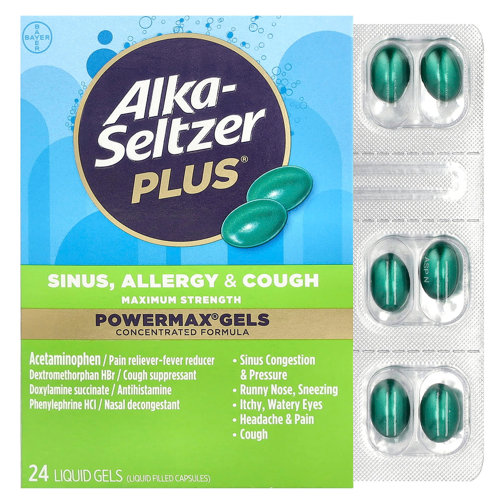 Alka-Seltzer Plus, PowerMax® Gels, Sinus, Allergy & Cough, максимальная эффективность, 24 жидких геля