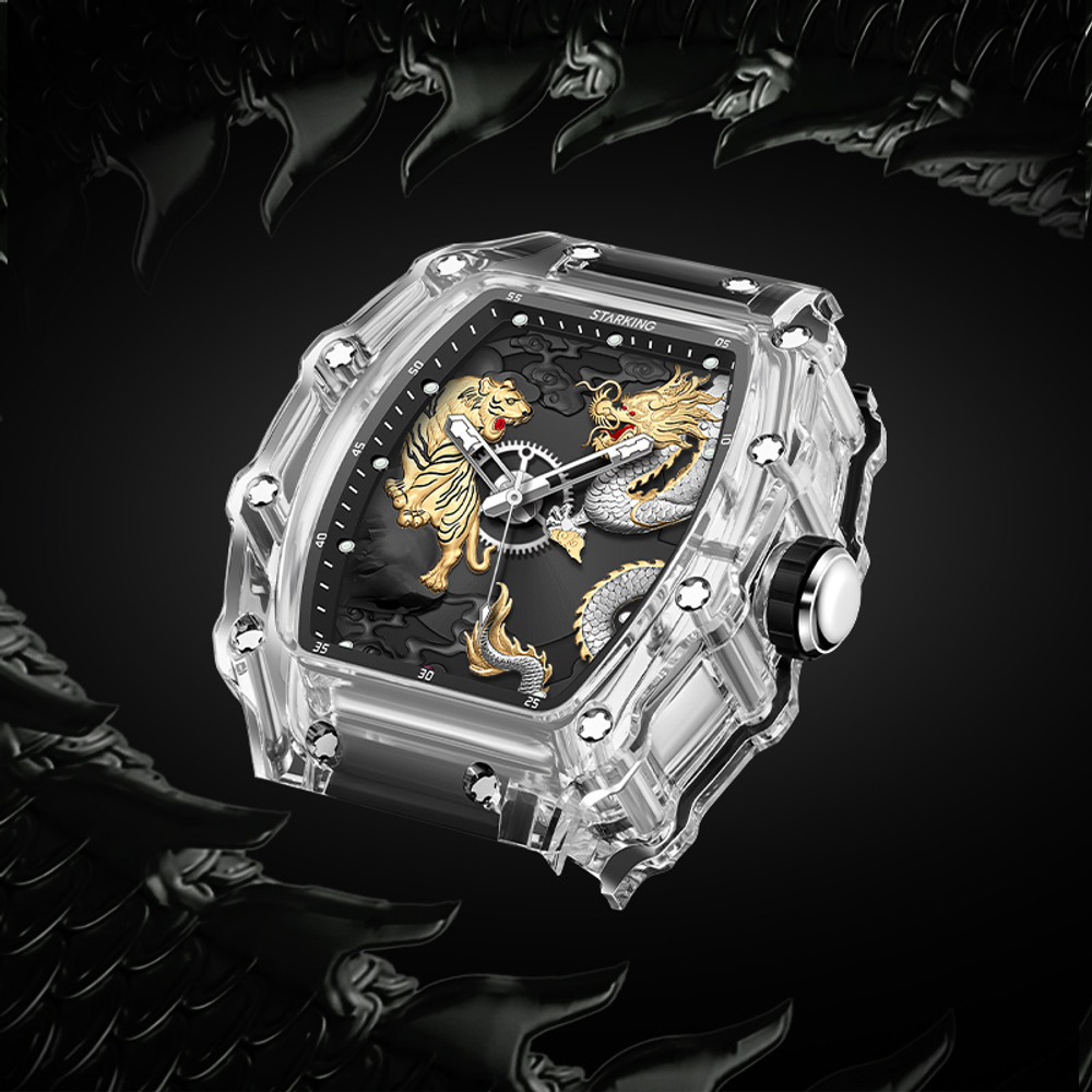 STARKING Soaring Dragon Leaping Tiger Collection Quartz Movement Silicone Strap Watch Unisex Black Dial