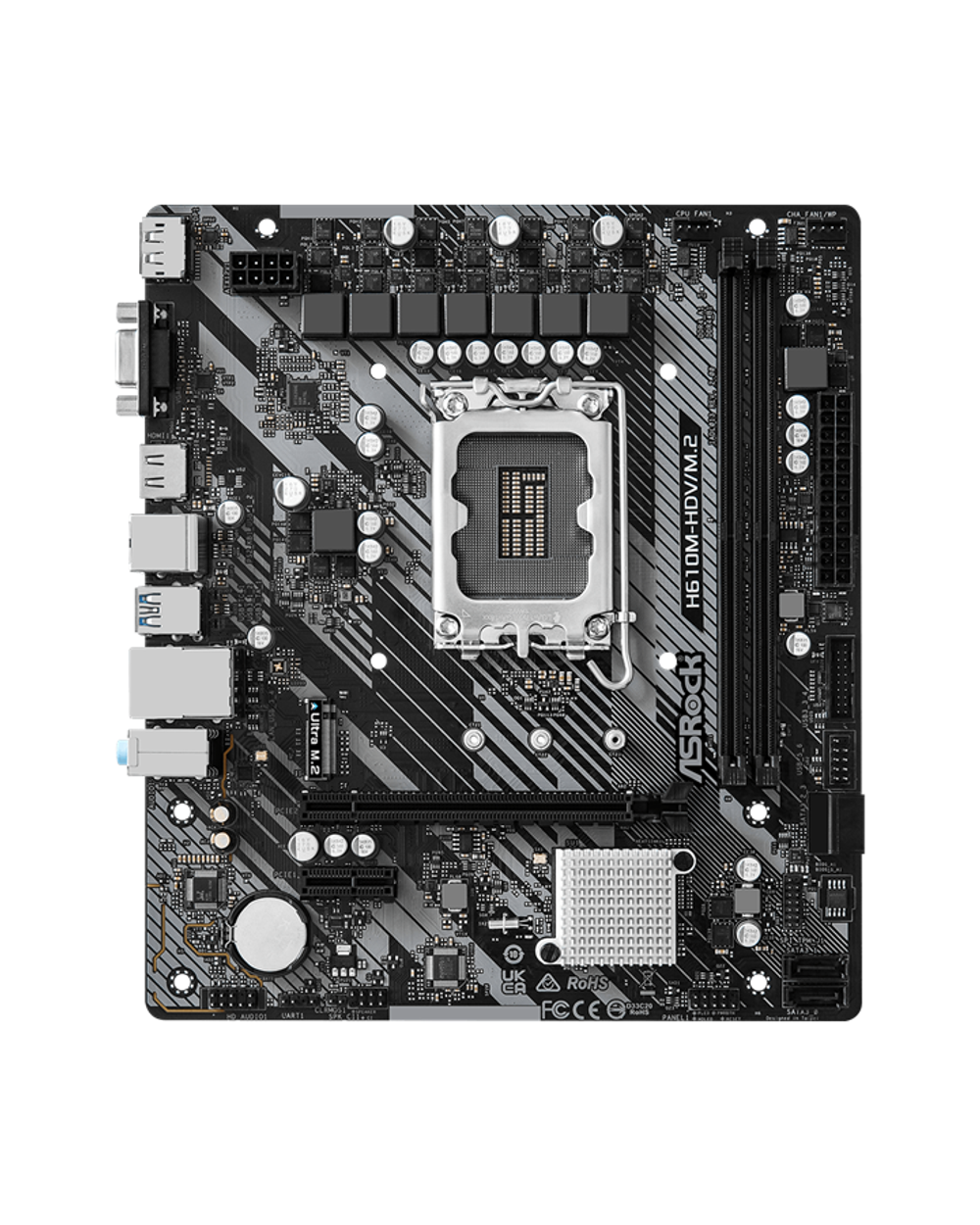 Материнская плата ASROCK H610M-HDV/M.2 R2.0, LGA1700, H610, 2*DDR4, 4*SATA, 1*M.2, 2*USB 3.2, 4*USB 2.0, 1*PCIx16, 1*PCIx1, D-Sub+HDMI+DP, mATX