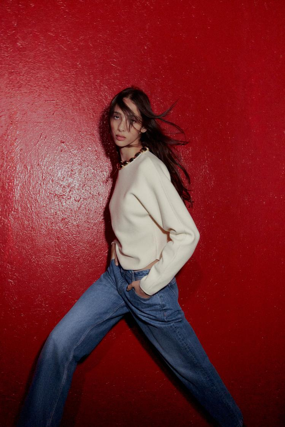 ZARA ТРИКОТАЖНЫЙ ДЖЕМПЕР С БУСИНАМИ НА ВОРОТНИКЕ, ЭКРЮ